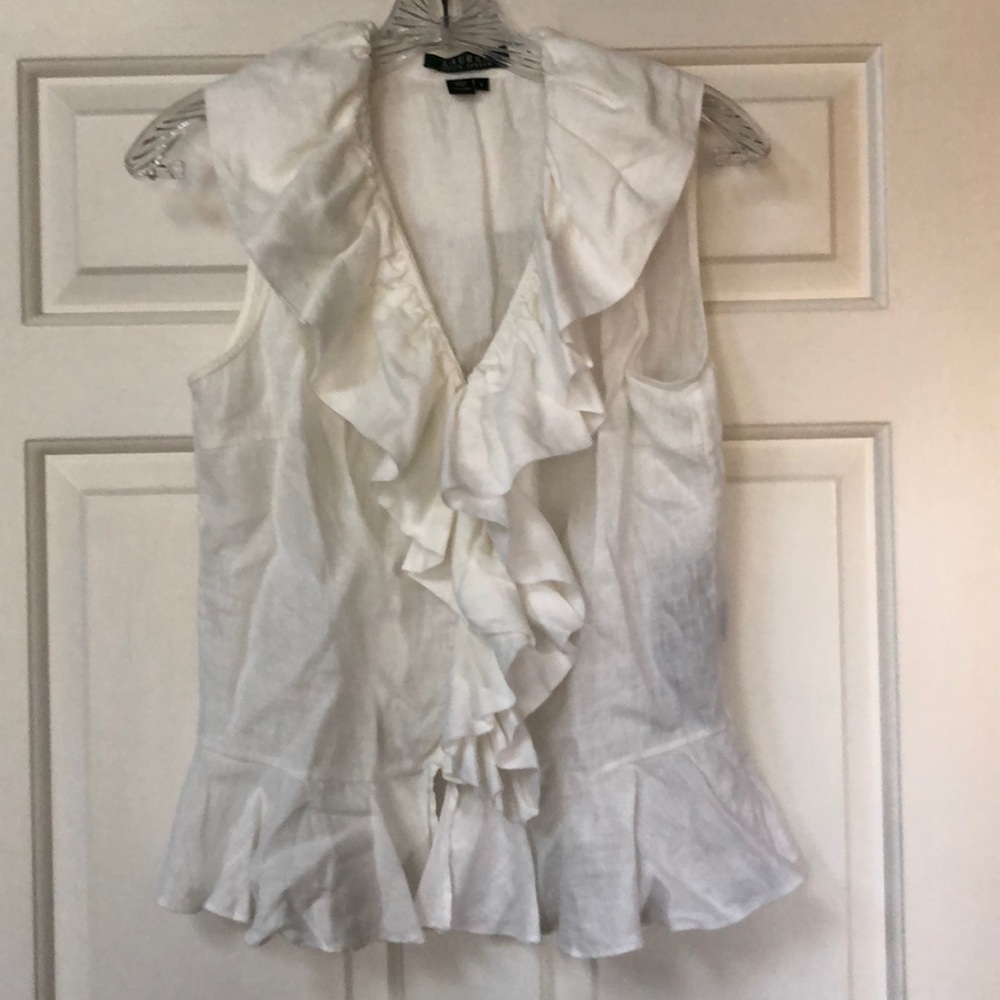 Lauren RL White Linen Sleeveless Ruffle Top Vest